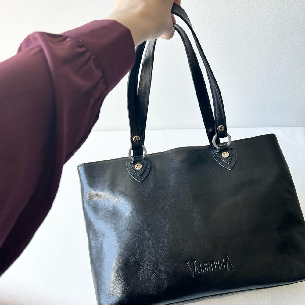 Vintage Valentina Black Leather Tote with Dual Shoulder Straps - made in ITALY
